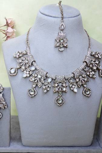 White yellow gold premium designer american diamond and stone work necklace set
