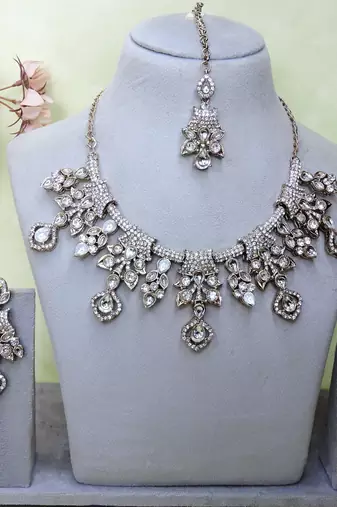 White yellow gold premium designer american diamond and stone work necklace set