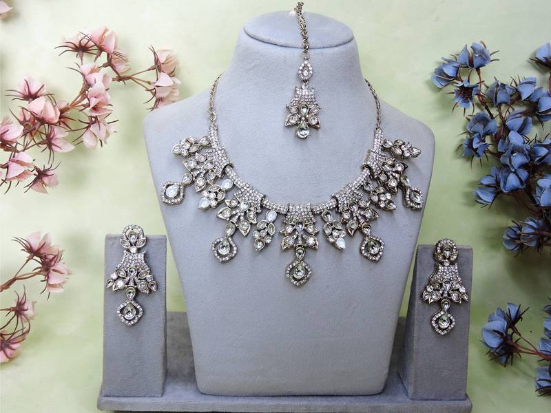 White yellow gold premium designer american diamond and stone work necklace set