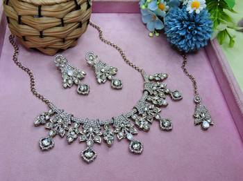 White yellow gold premium designer american diamond and stone work necklace set 2