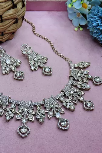 White yellow gold premium designer american diamond and stone work necklace set