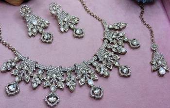 White yellow gold premium designer american diamond and stone work necklace set 3