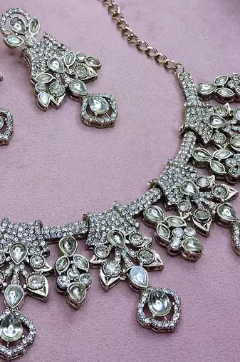 White yellow gold premium designer american diamond and stone work necklace set