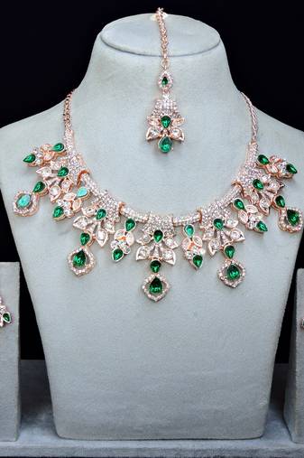 Green rose gold premium designer american diamond and stone work necklace set