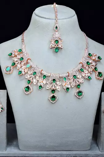Green rose gold premium designer american diamond and stone work necklace set