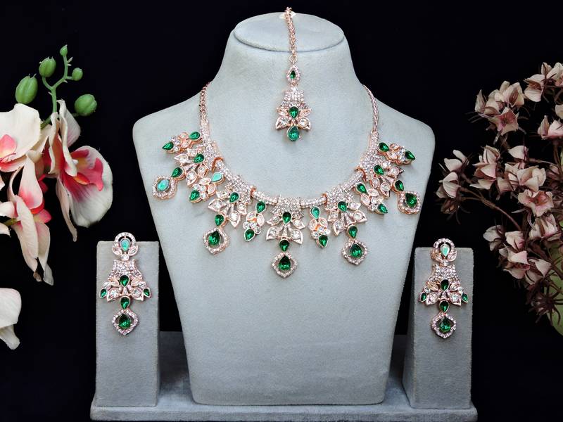 Green rose gold premium designer american diamond and stone work necklace set