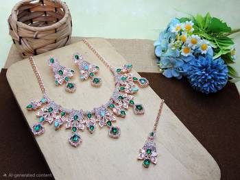 Green rose gold premium designer american diamond and stone work necklace set 2