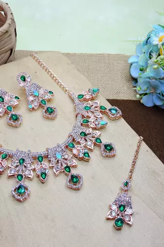 Green rose gold premium designer american diamond and stone work necklace set