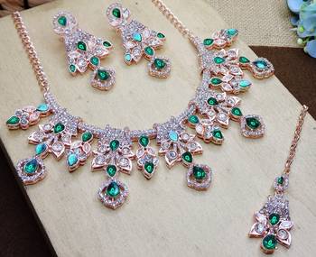 Green rose gold premium designer american diamond and stone work necklace set 3
