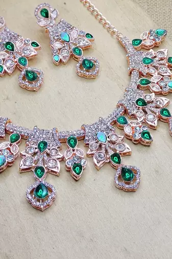 Green rose gold premium designer american diamond and stone work necklace set