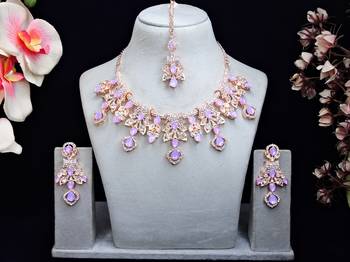 Purple rose gold premium designer american diamond and stone work necklace set 1