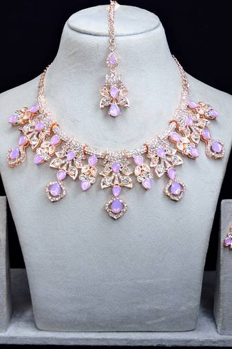 Purple rose gold premium designer american diamond and stone work necklace set