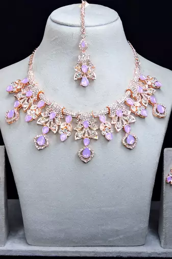 Purple rose gold premium designer american diamond and stone work necklace set