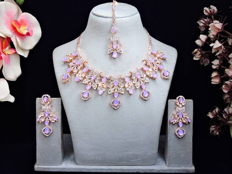 Purple rose gold premium designer american diamond and stone work necklace set