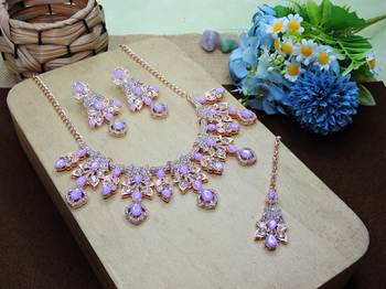 Purple rose gold premium designer american diamond and stone work necklace set 2