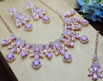 Purple rose gold premium designer american diamond and stone work necklace set 3