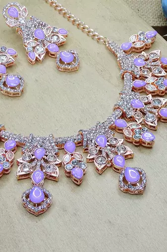 Purple rose gold premium designer american diamond and stone work necklace set