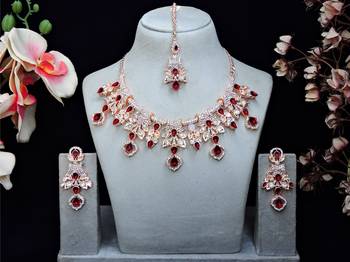 Maroon rose gold premium designer american diamond and stone work necklace set 1
