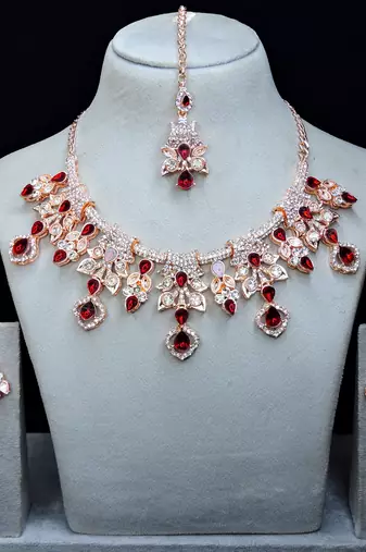 Maroon rose gold premium designer american diamond and stone work necklace set