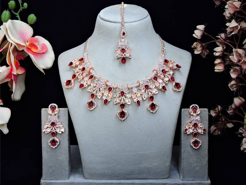 Maroon rose gold premium designer american diamond and stone work necklace set
