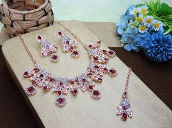 Maroon rose gold premium designer american diamond and stone work necklace set 2