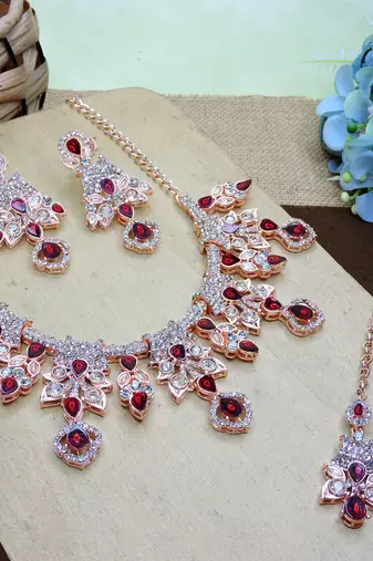 Maroon rose gold premium designer american diamond and stone work necklace set