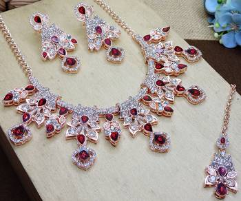 Maroon rose gold premium designer american diamond and stone work necklace set 3