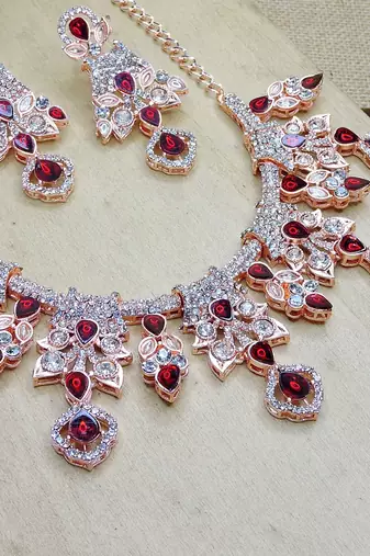 Maroon rose gold premium designer american diamond and stone work necklace set