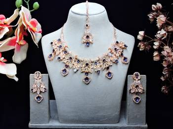 Blue rose gold premium designer american diamond and stone work necklace set 1