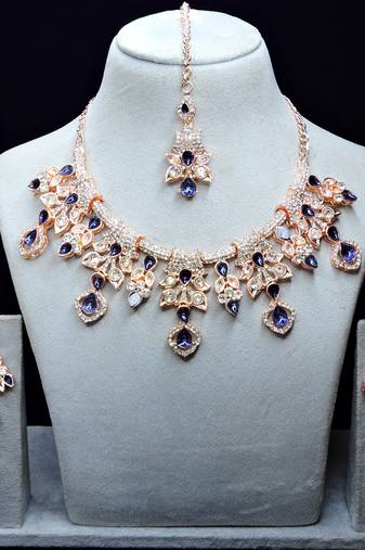 Blue rose gold premium designer american diamond and stone work necklace set