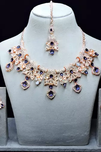Blue rose gold premium designer american diamond and stone work necklace set