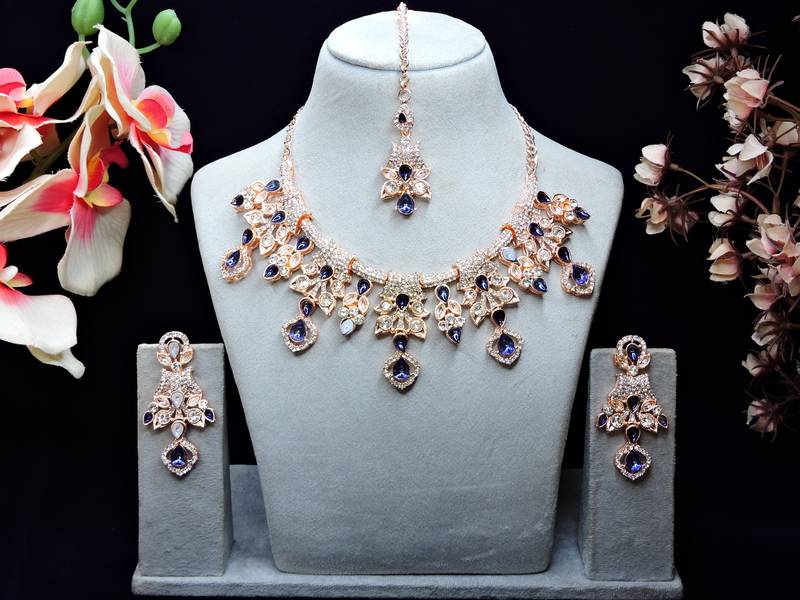 Blue rose gold premium designer american diamond and stone work necklace set
