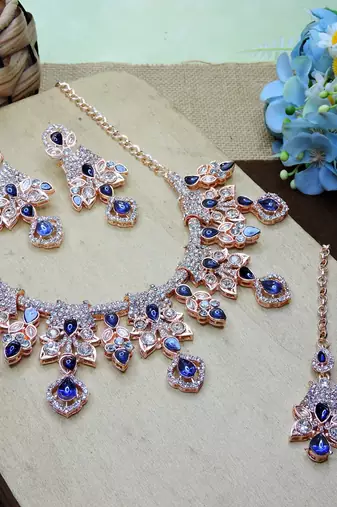 Blue rose gold premium designer american diamond and stone work necklace set