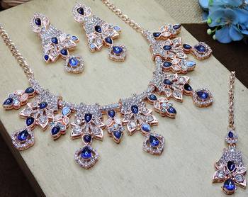 Blue rose gold premium designer american diamond and stone work necklace set 3