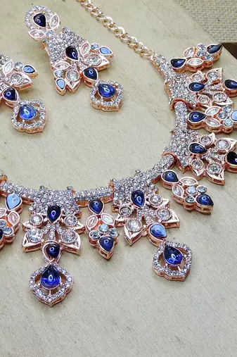 Blue rose gold premium designer american diamond and stone work necklace set