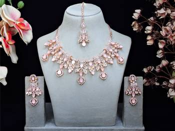 Pink rose gold premium designer american diamond and stone work necklace set 1
