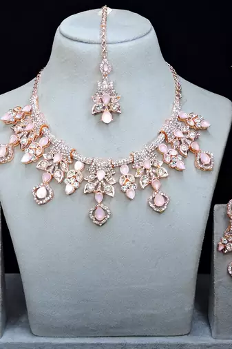 Pink rose gold premium designer american diamond and stone work necklace set