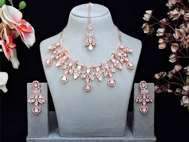 Pink rose gold premium designer american diamond and stone work necklace set