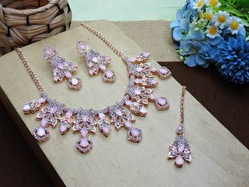 Pink rose gold premium designer american diamond and stone work necklace set 2