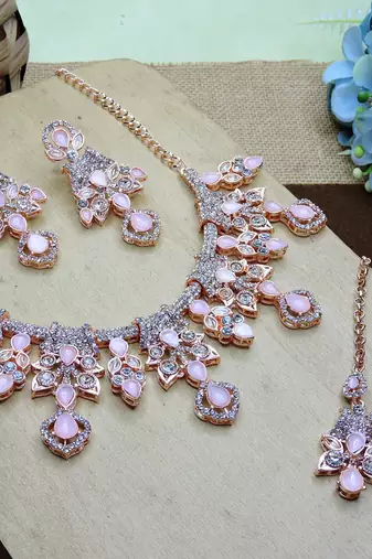 Pink rose gold premium designer american diamond and stone work necklace set