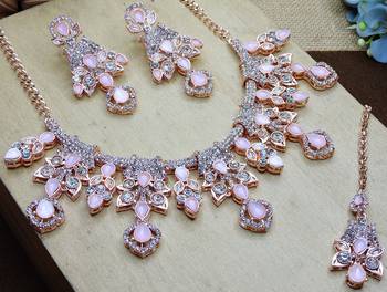 Pink rose gold premium designer american diamond and stone work necklace set 3