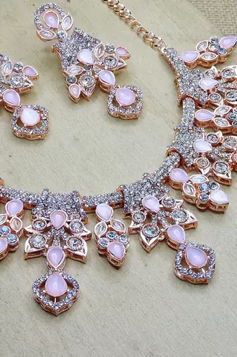 Pink rose gold premium designer american diamond and stone work necklace set