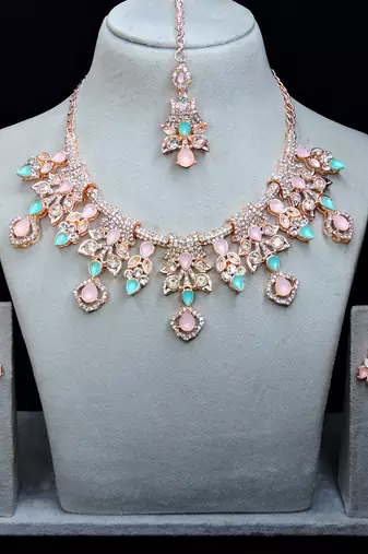 Green rose gold premium designer american diamond and stone work necklace set