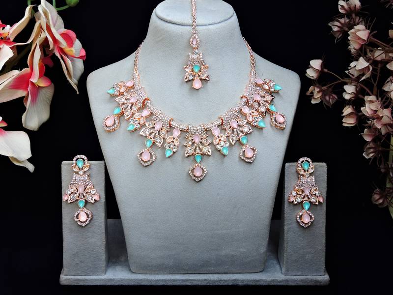 Green rose gold premium designer american diamond and stone work necklace set