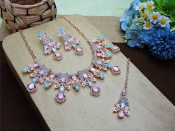 Green rose gold premium designer american diamond and stone work necklace set 2