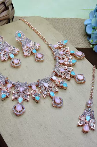Green rose gold premium designer american diamond and stone work necklace set