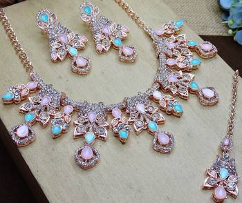 Green rose gold premium designer american diamond and stone work necklace set 3