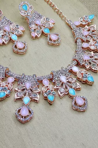 Green rose gold premium designer american diamond and stone work necklace set