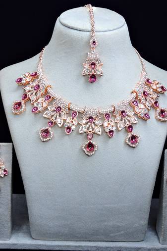Purple rose gold premium designer american diamond and stone work necklace set