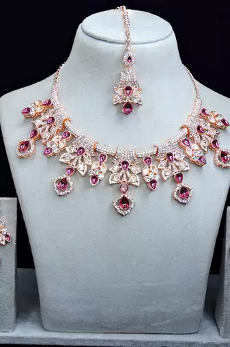 Purple rose gold premium designer american diamond and stone work necklace set